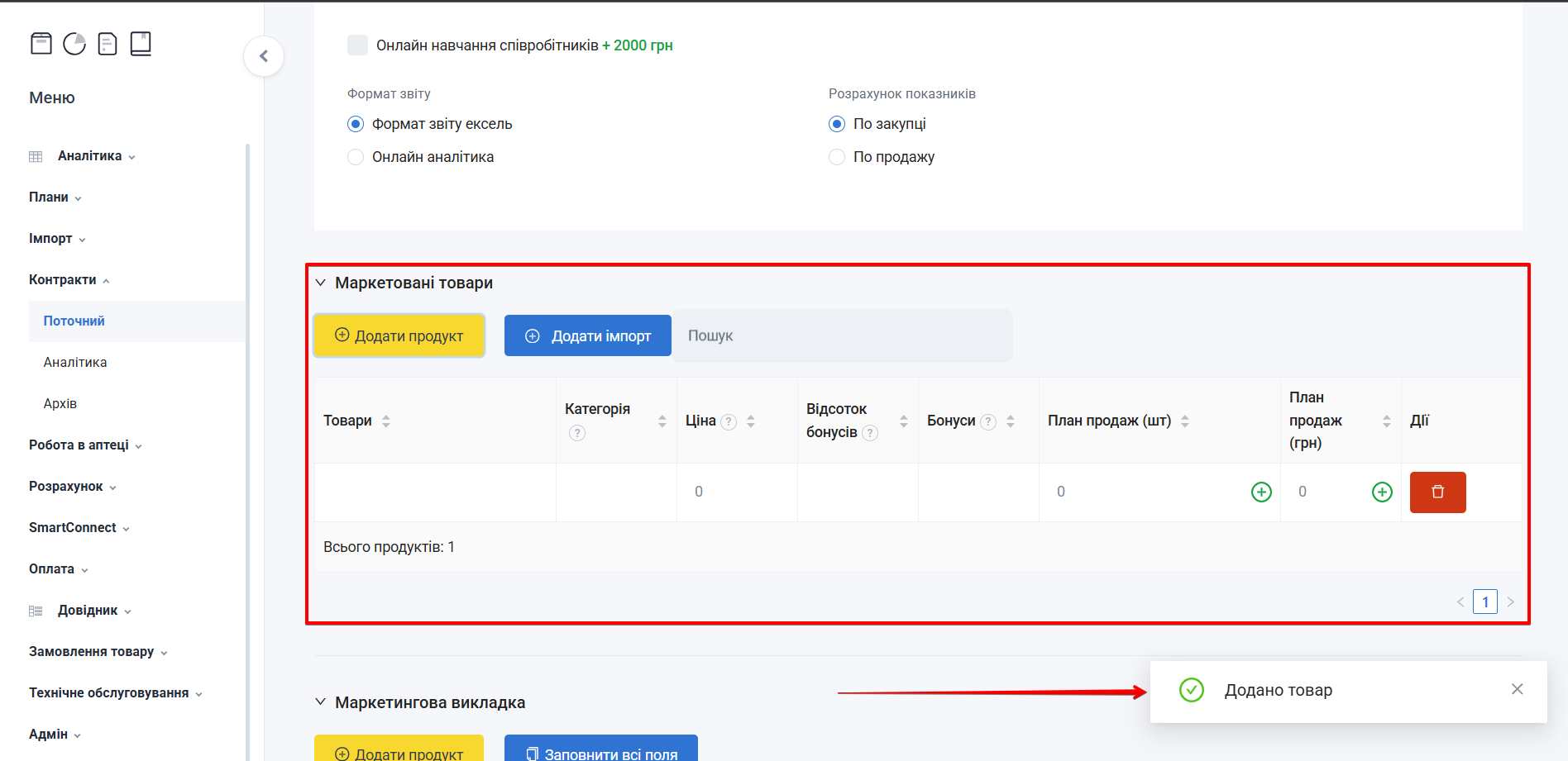Новий рядок у таблиці маркетованих товарів