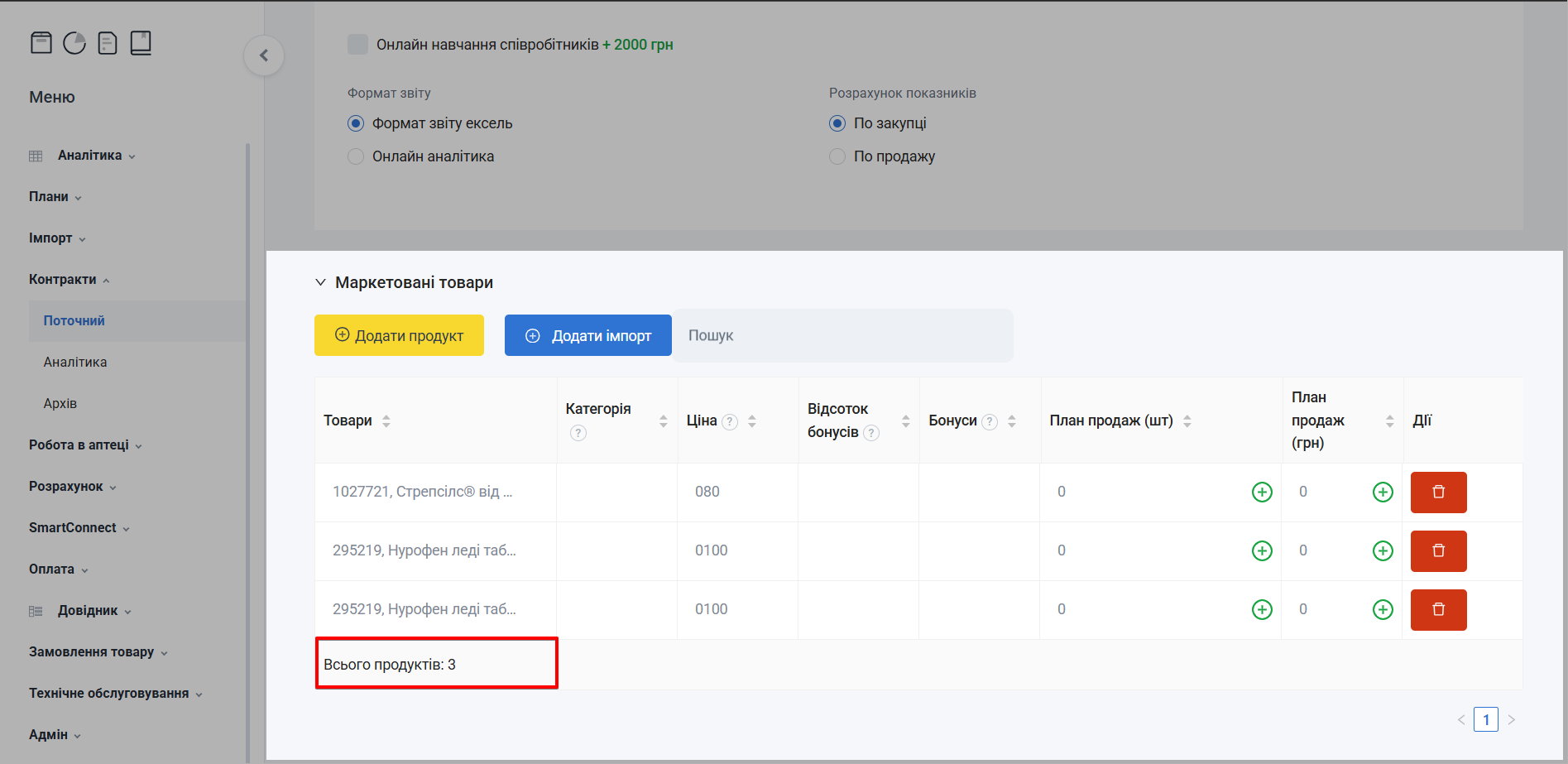 Поле Всього продуктів