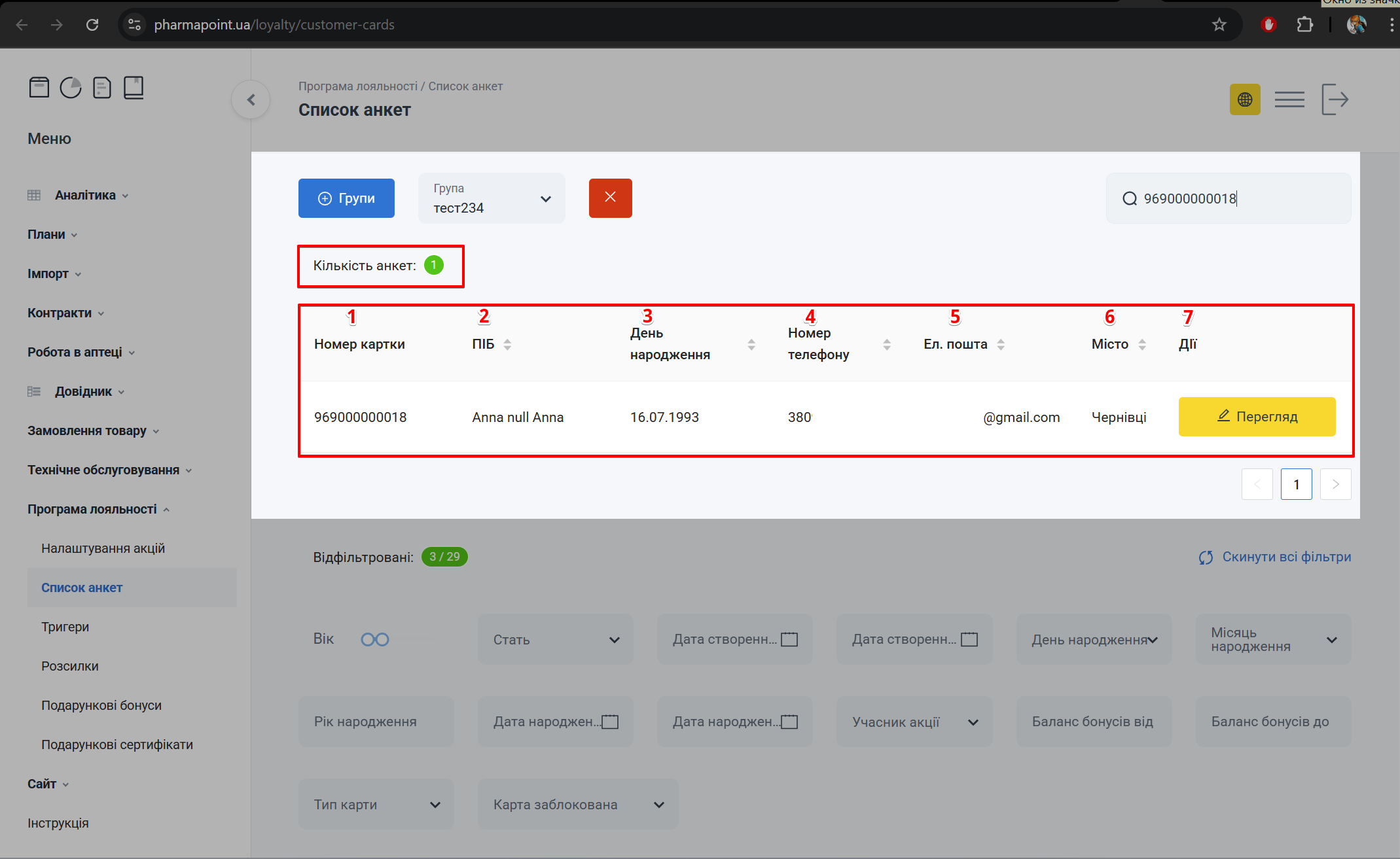 Таблиця зі списком анкет у групі