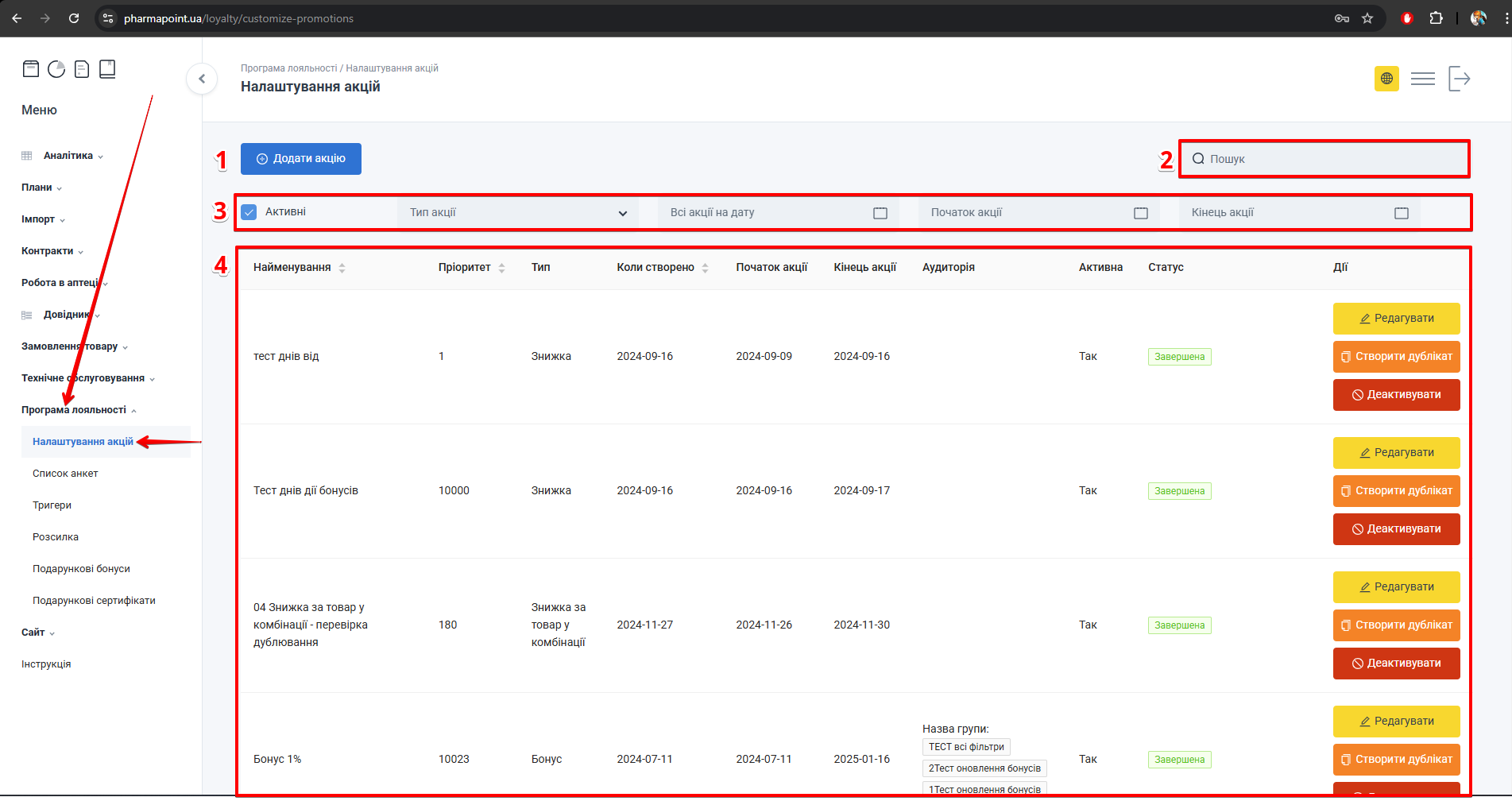 Головна сторінка Налаштування акцій