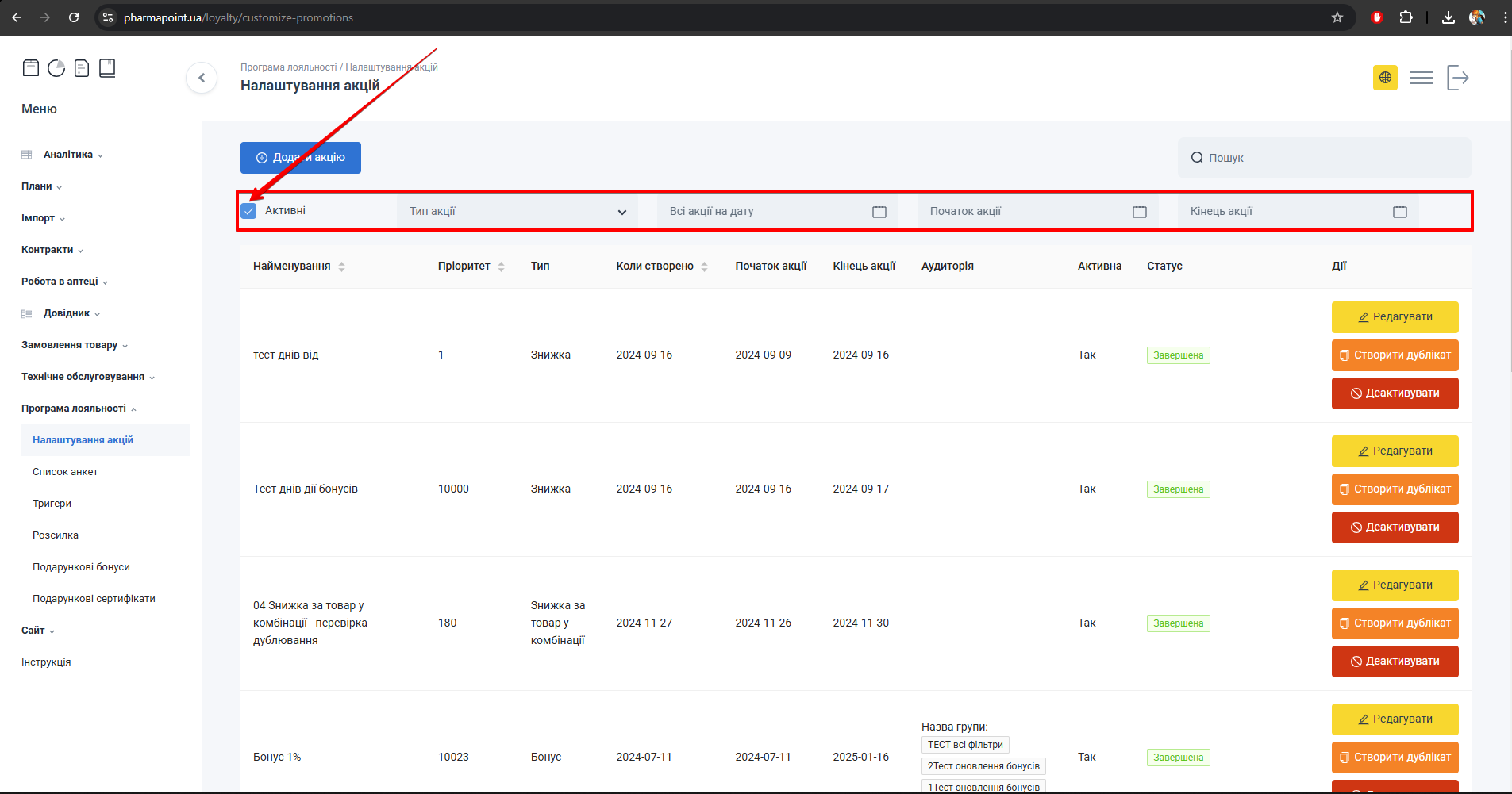 Фільтр Активні для акцій