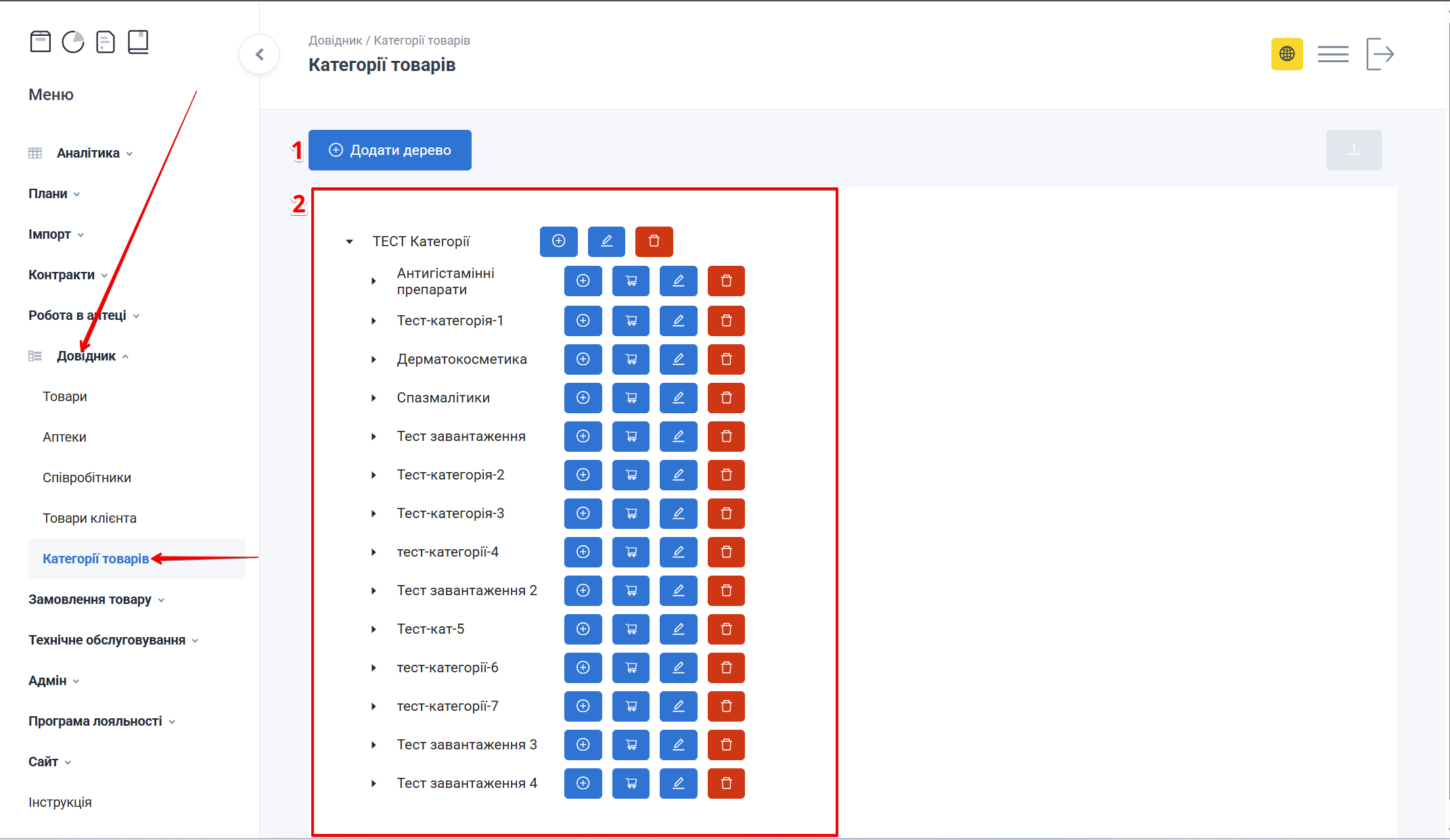 Сторінка Категорії товарів: Додати дерево та блок дерева