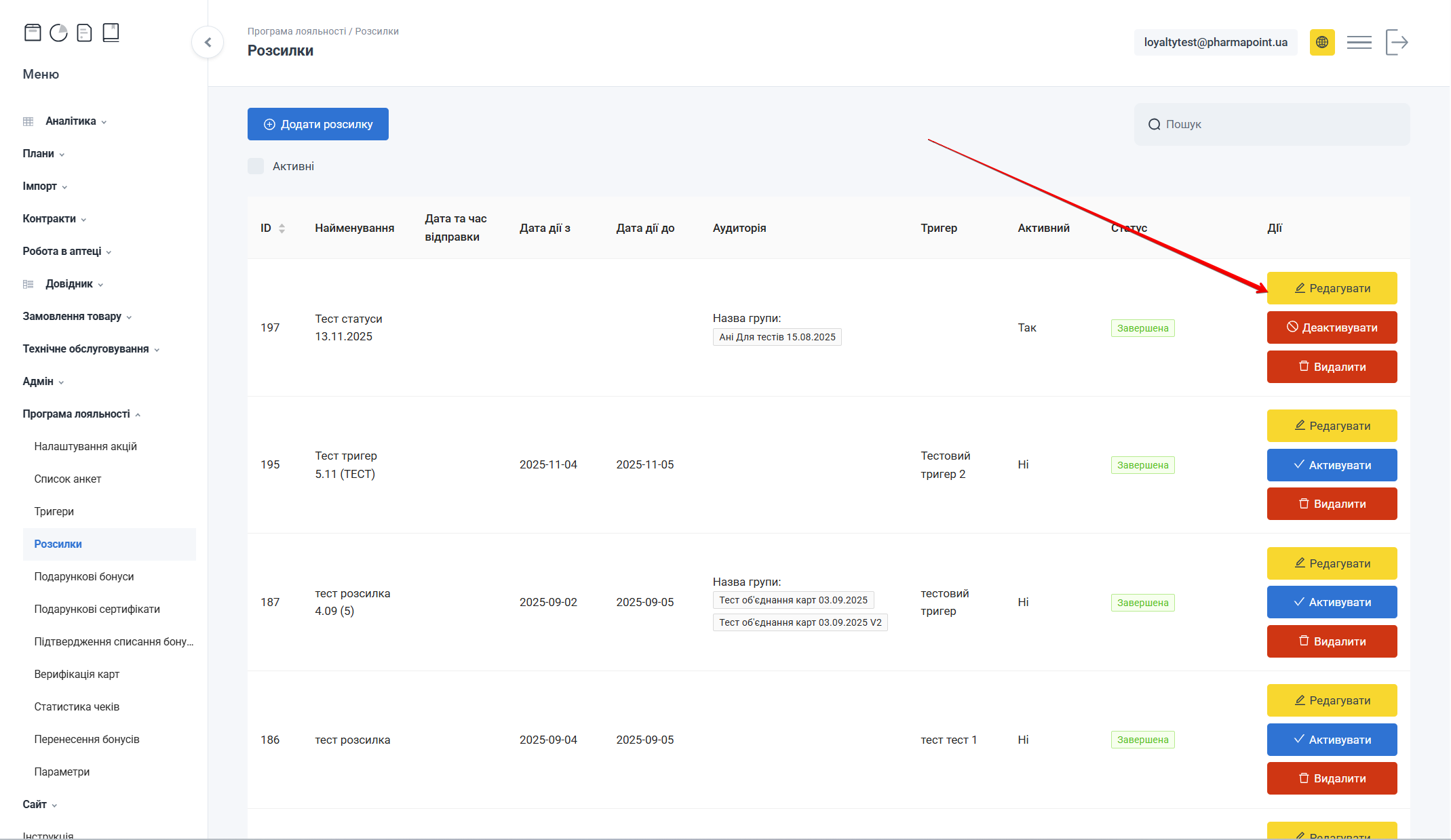 Кнопка Редагувати в таблиці розсилок