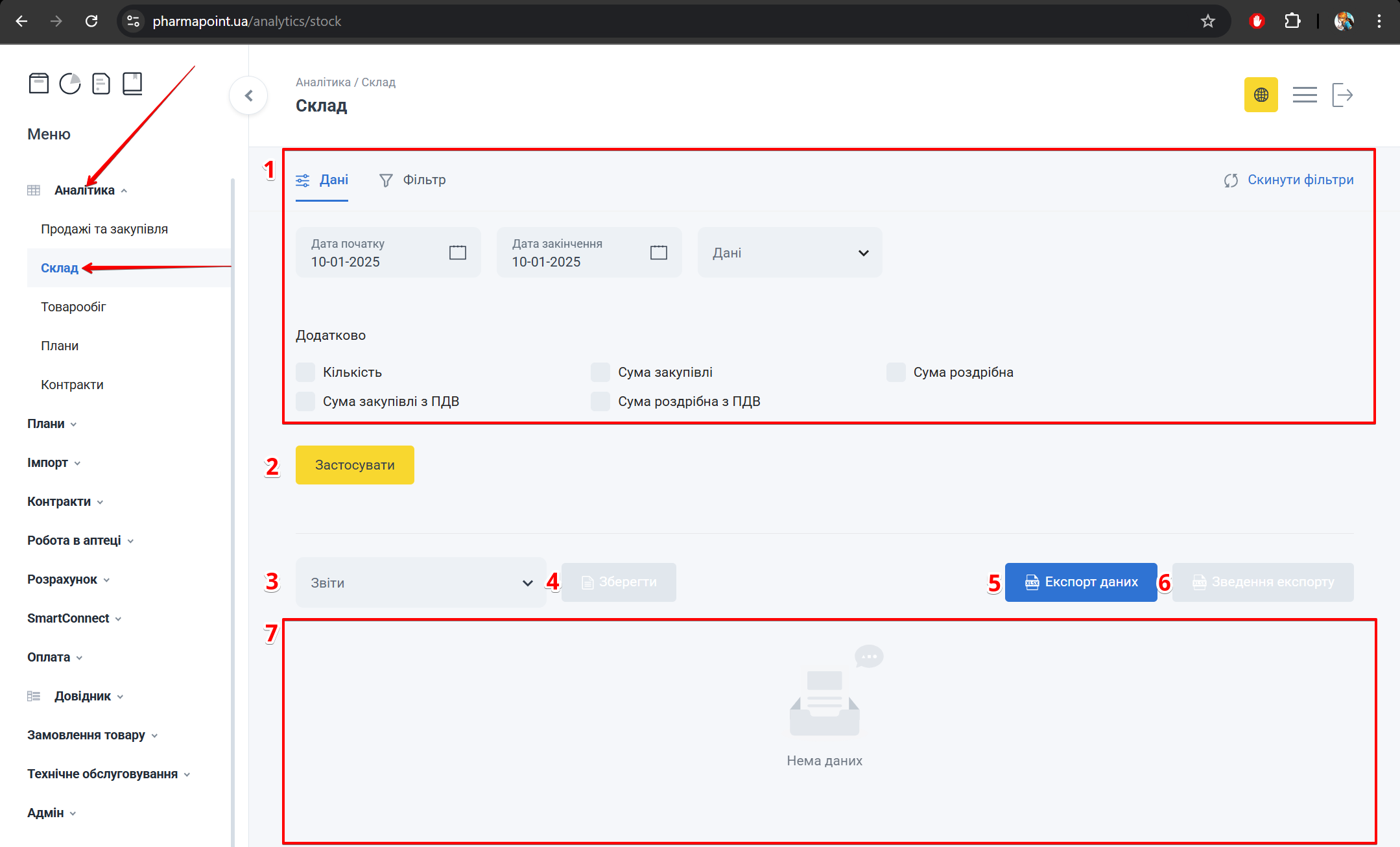 Інтерфейс розділу Склад: вкладки, панель керування, таблиця звіту