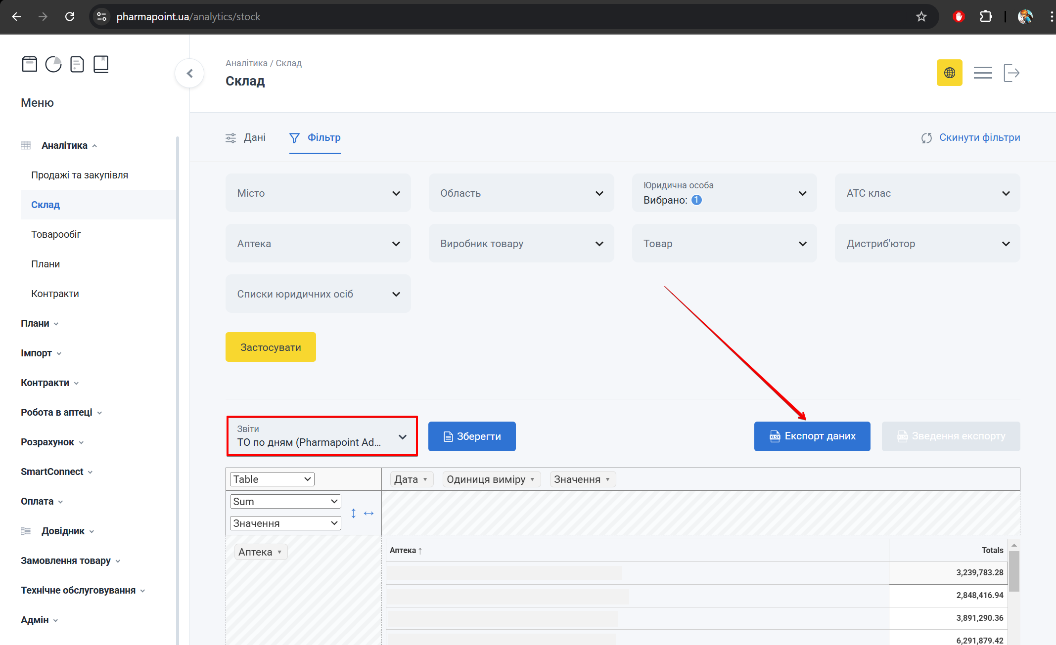 Кнопка Експорт даних у розділі Склад