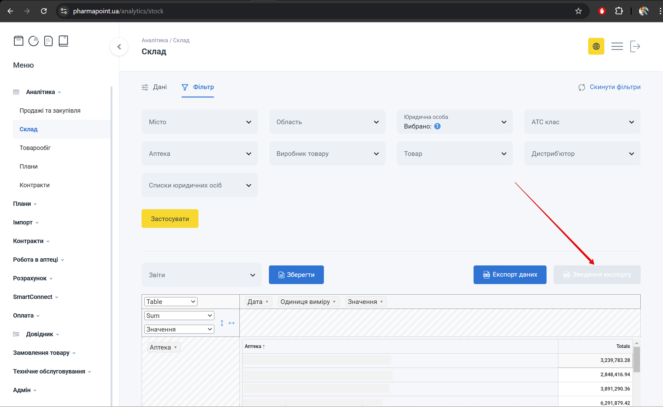 Кнопка Зведення експорту та журнал статусів